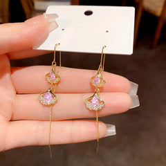 14K Gold-Plated Elegant Purple Ginkgo Leaf Tassel Threader Earrings - elegant Ginkgo Leaf Threader Earrings