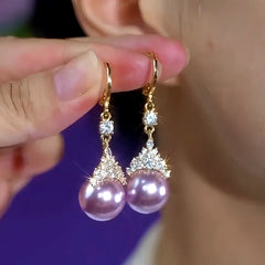 14K Gold-Plated Elegant Purple Pearl Zircon Crown Earrings - elegant Crown Pearl Earrings