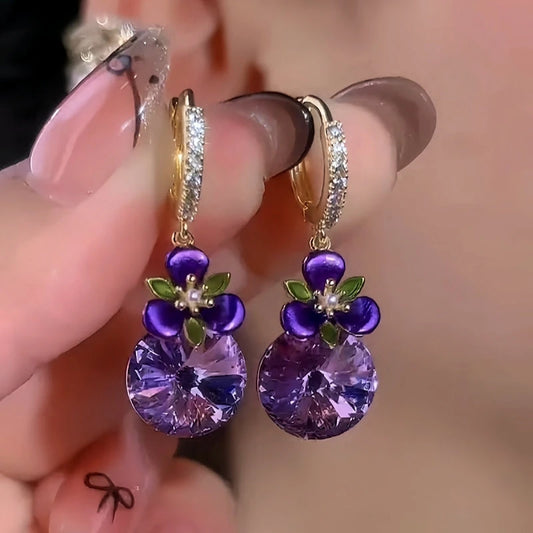 14K Gold-Plated Elegant Purple Zircon Diamond Flower Earrings - elegant Purple Zircon Flower Earrings