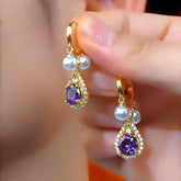 14K Gold-Plated Elegant Purple Zircon Diamond Pearl Tassel Earrings - elegant Purple Pearl Tassel Earrings