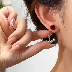 Close-up detail of the sparkling zircons and plating on the Rose Pearl Jacket Earrings