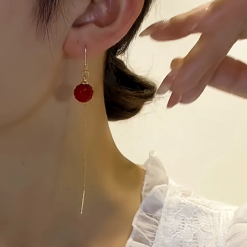 14K Gold-Plated Elegant Red Crystal Ball Threader Earrings - elegant Red Crystal Threader Earrings