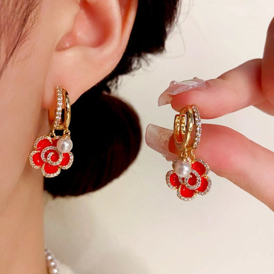 14K Gold-Plated Elegant Red Oil Drop Flower Pearl Earrings - elegant Red Flower Pearl Earrings