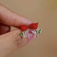 Close-up detail of the sparkling zircons and plating on the Red Rose Studs