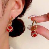 14K Gold-Plated Elegant Red Zircon Cube Earrings - elegant Red Zircon Cube Earrings