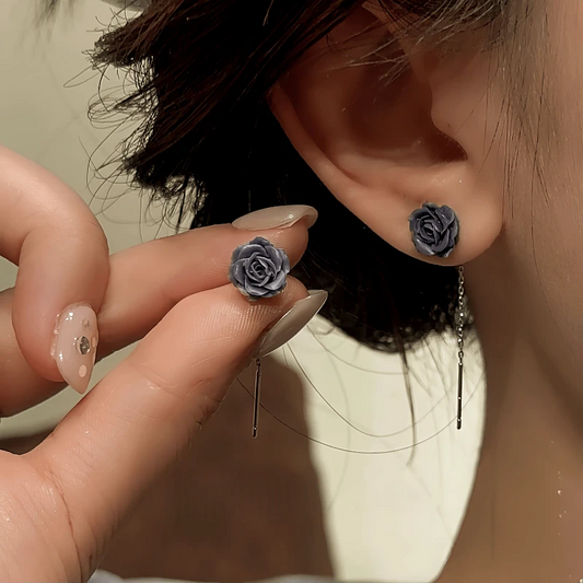 14K Gold-Plated Elegant Resin Black Flower Threader Earrings - elegant Black Flower Threader Earrings