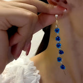 14K Gold-Plated Elegant Rhinestone Blue Rose Tassel Earrings - elegant Blue Rose Tassel Earrings