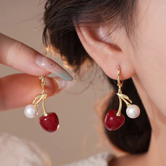 14K Gold-Plated Elegant Rich Style Cherry And Pearl Earrings - elegant Cherry and Pearl Earrings