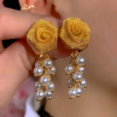 14K Gold-Plated Elegant Rose Bead Tassel Earrings - elegant Rose Tassel Earrings