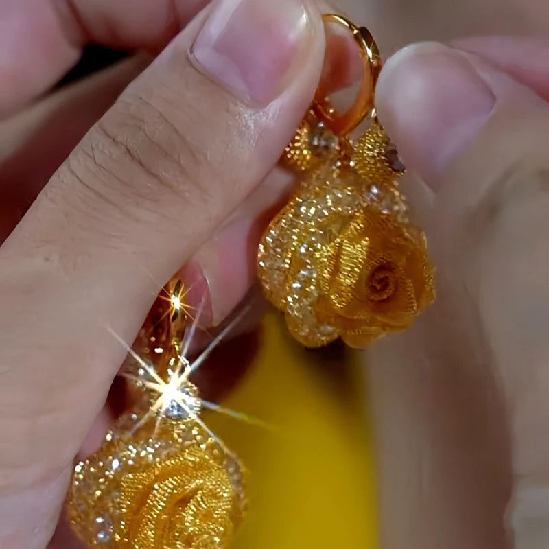 14K Gold-Plated Elegant Rose Flower Tassel Earrings - elegant Rose Tassel Earrings