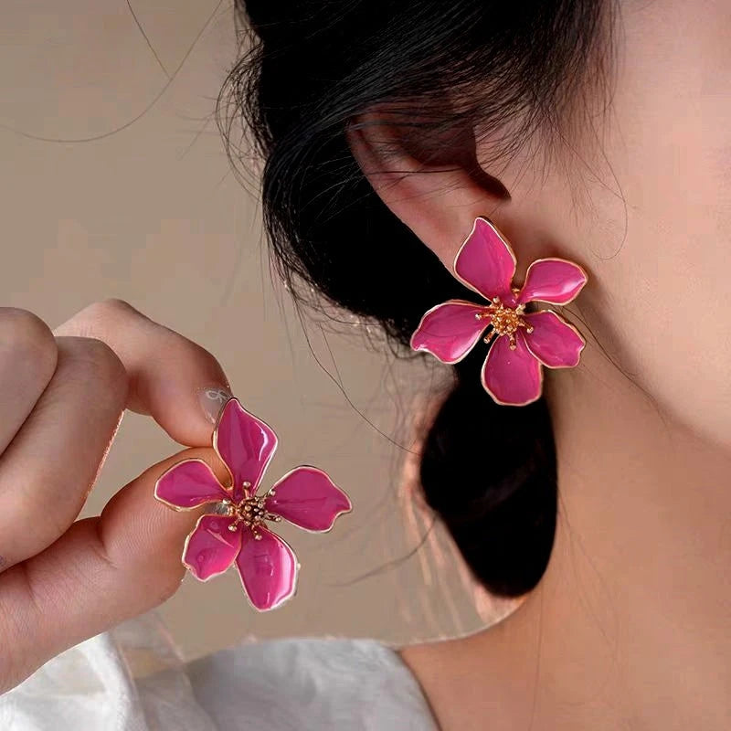 14K Gold-Plated Elegant Rose Pink Flower Earrings - elegant Pink Flower Studs