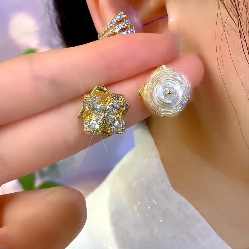 14K Gold-Plated Elegant Rotatable Double-Layer Four-Leaf Flower Stud Earrings - elegant Four-Leaf Clover Earrings