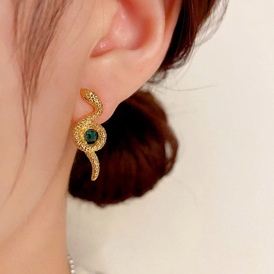 14K Gold-Plated Elegant Snake-Shaped Green Square Diamond Earrings - elegant Green Diamond Earrings