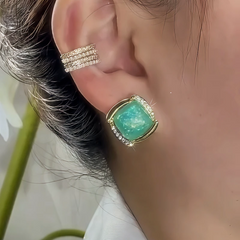 Model showcasing the dangle and style of the 14K Gold-Plated Elegant Square Rhinestone Earrings