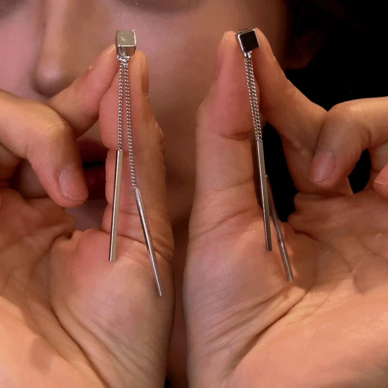 Angled view of the 14K Gold-Plated Elegant Square Tassel Earrings