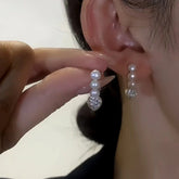 14K Gold-Plated Elegant Three Pearl Zircon Heart Earrings - elegant Heart Pearl Earrings