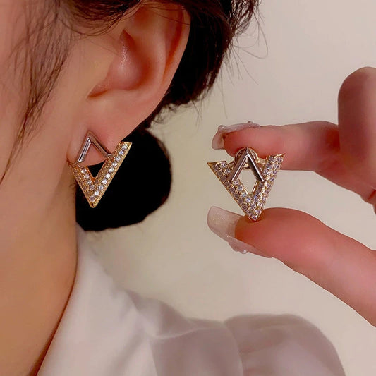 14K Gold-Plated Elegant V Letter Front And Back Earrings - elegant V Letter Earrings