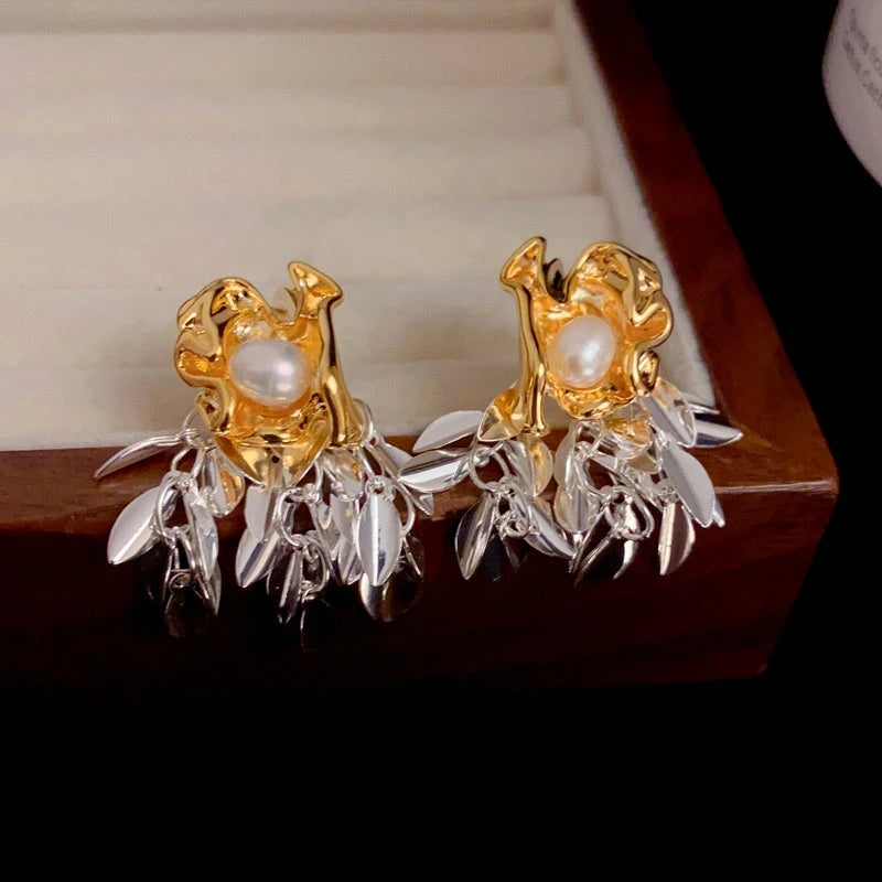 Close-up detail of the sparkling zircons and plating on the Wheat Tassel Earrings