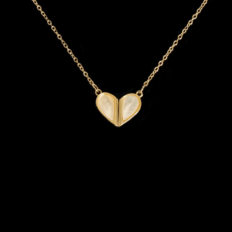 14K Gold-Plated Elegant White Shell Heart Magnetic Necklace worn to showcase its length and pendant detail