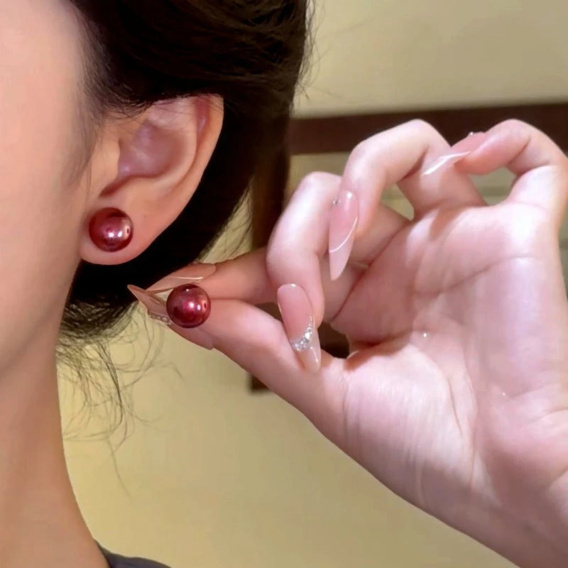 14K Gold-Plated Elegant Wine Red Bead Stud Earrings - elegant Red Bead Studs