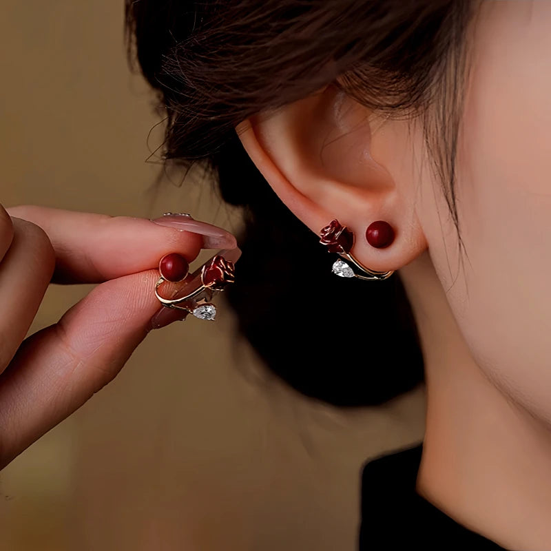 14K Gold-Plated Elegant Wine Red Rose Flower Earrings - elegant Red Rose Earrings