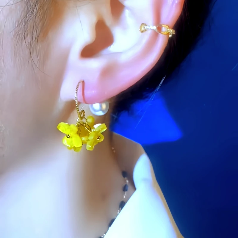 Close-up detail of the sparkling zircons and plating on the Yellow Flower Earrings