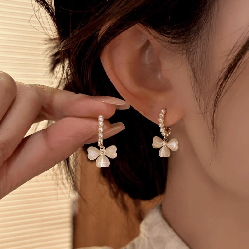 14K Gold-Plated Elegant Zircon Bead Cat's Eye Stone Flower Earrings - elegant Cat's Eye Flower Earrings