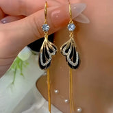 14K Gold-Plated Elegant Zircon Black Butterfly Tassel Ear Hook Earrings - elegant Butterfly Ear Hooks