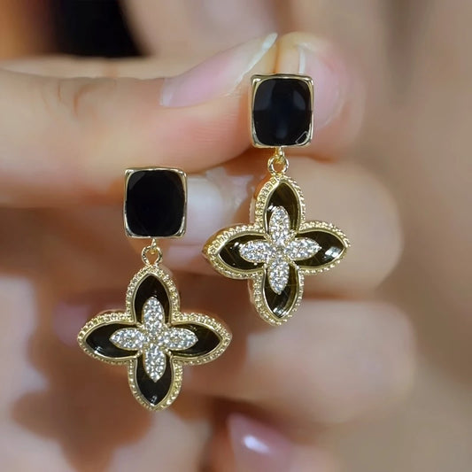 14K Gold-Plated Elegant Zircon Black Four-Leaf Flower Earrings - elegant Black Clover Earrings