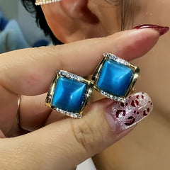 14K Gold-Plated Elegant Zircon Blue Cat's Eye Stone Stud Earrings - elegant Blue Cat's Eye Studs