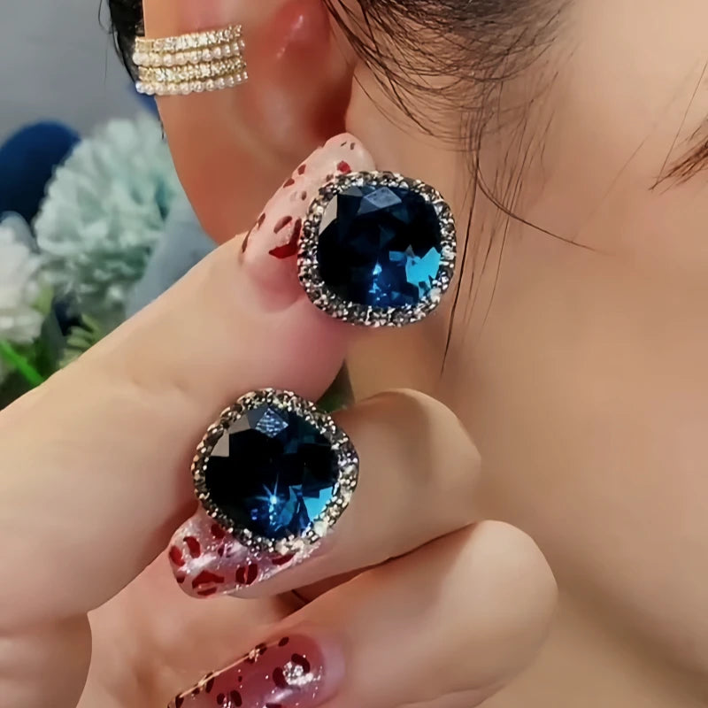 14K Gold-Plated Elegant Zircon Blue Crystal Earrings - elegant Blue Crystal Studs