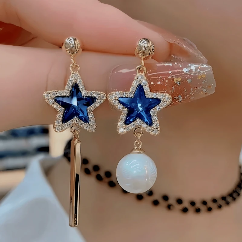 14K Gold-Plated Elegant Zircon Blue Crystal Star Bead Tassel Earrings - elegant Star Tassel Earrings