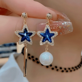 14K Gold-Plated Elegant Zircon Blue Crystal Star Bead Tassel Earrings - elegant Star Tassel Earrings
