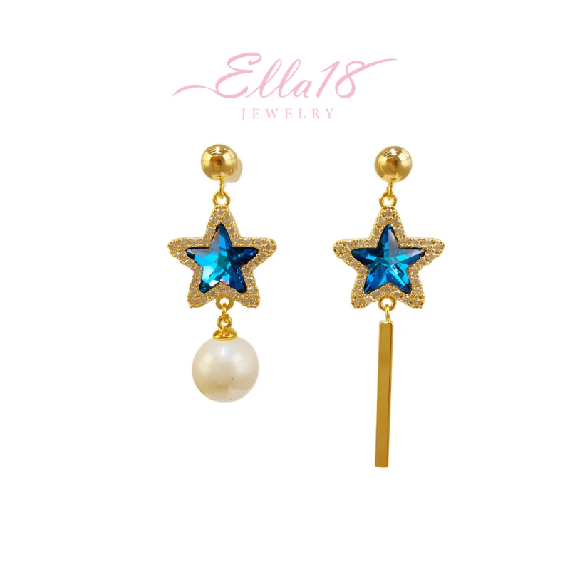 Angled view of the 14K Gold-Plated Elegant Zircon Blue Crystal Star Bead Tassel Earrings