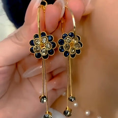 14K Gold-Plated Elegant Zircon Blue Diamond Flower Tassel Earrings - elegant Flower Tassel Earrings