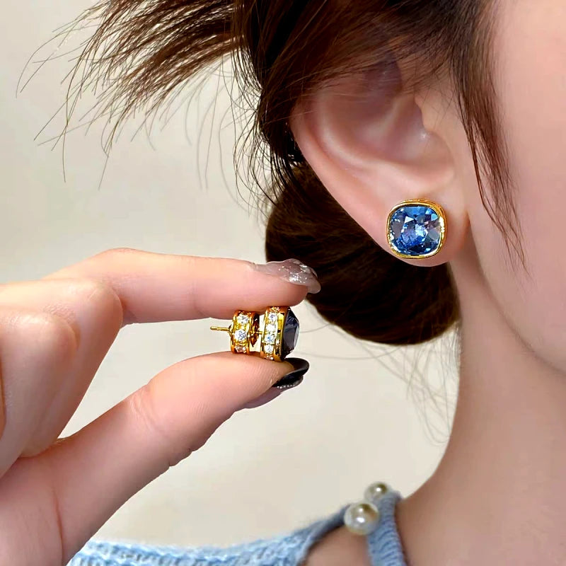 14K Gold-Plated Elegant Zircon Blue Diamond Stud Earrings - elegant Blue Zircon Studs