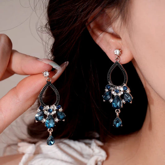 14K Gold-Plated Elegant Zircon Blue Diamond Water Drop Tassel Earrings - elegant Blue Tassel Earrings