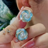 14K Gold-Plated Elegant Zircon Blue Flower Earrings - elegant Blue Flower Studs