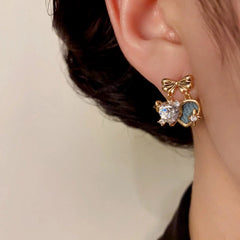 14K Gold-Plated Elegant Zircon Bow Double Heart Earrings - elegant Double Heart Earrings