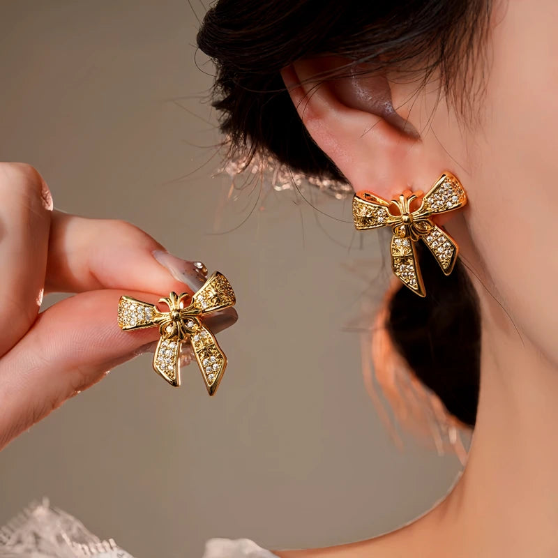 14K Gold-Plated Elegant Zircon Bow Earrings - elegant Zircon Bow Studs