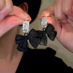 14K Gold-Plated Elegant Zircon Bow Earrings - elegant Black Bow Earrings