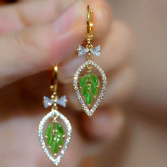 14K Gold-Plated Elegant Zircon Bow Green Leaf Earrings - elegant Green Leaf Earrings