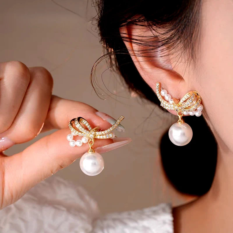 14K Gold-Plated Elegant Zircon Bow Pearl Earrings - elegant Bow Pearl Earrings