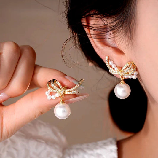 14K Gold-Plated Elegant Zircon Bow Pearl Earrings - elegant Bow Pearl Earrings