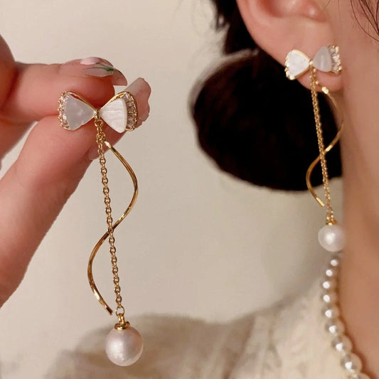 14K Gold-Plated Elegant Zircon Bow Pearl Tassel Earrings - elegant Pearl Tassel Earrings