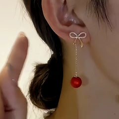 14K Gold-Plated Elegant Zircon Bow Red Pearl Tassel Earrings - elegant Red Pearl Earrings