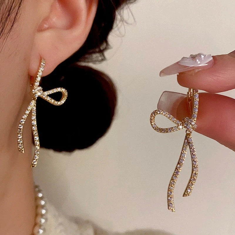 14K Gold-Plated Elegant Zircon Bow Tassel Earrings - elegant Bow Tassel Earrings