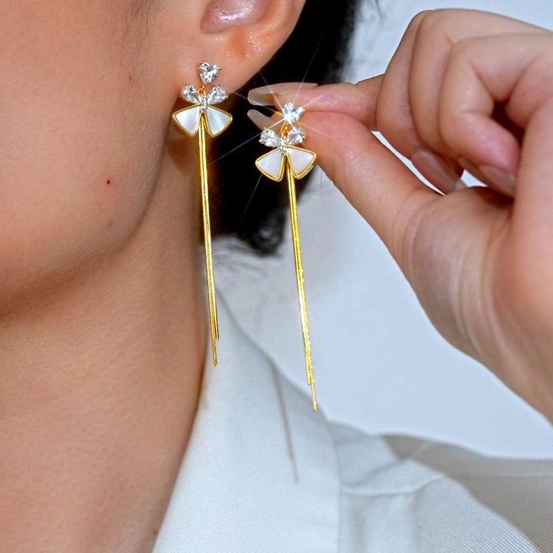 14K Gold-Plated Elegant Zircon Bow Tassel Earrings - elegant Bow Tassel Earrings