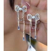 14K Gold-Plated Elegant Zircon Bow Tassel Earrings - elegant Bow Tassel Earrings