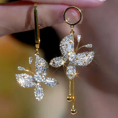 14K Gold-Plated Elegant Zircon Butterfly Asymmetrical Earrings - elegant Asymmetrical Butterfly Earrings